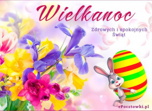 Wielkanocny zajączek z jajkiem na tle napisu Wielkanoc